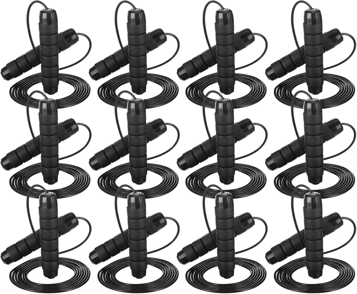 12 Pieces Adjustable Jump Ropes with Ball Bearings, Foam Handles, Steel Wire PVC Coated, Fitness Exercise Training for Men Women, Black